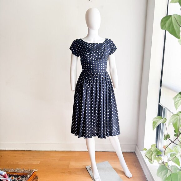 Vintage Silk Navy Blue White Polka Dot Short Sleeve Dress XS - Picture 2 of 8